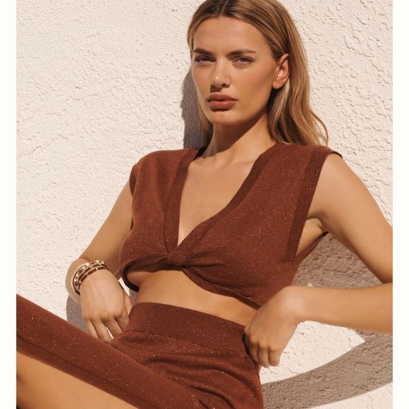 NWT Anthropologie Metallic Twist Front Open Crop Top in Cedar Women's Size XL - Picture 3 of 12